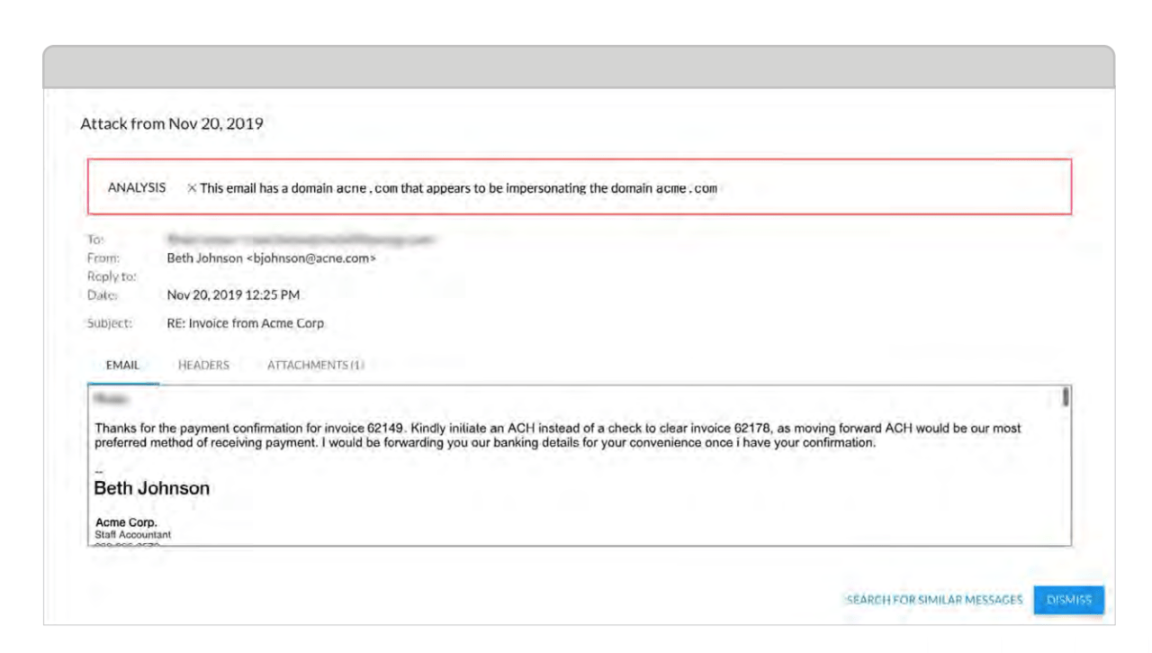 ドメインを偽装したフィッシング詐欺メールの例。「acme.com」を装って送信された不正メール