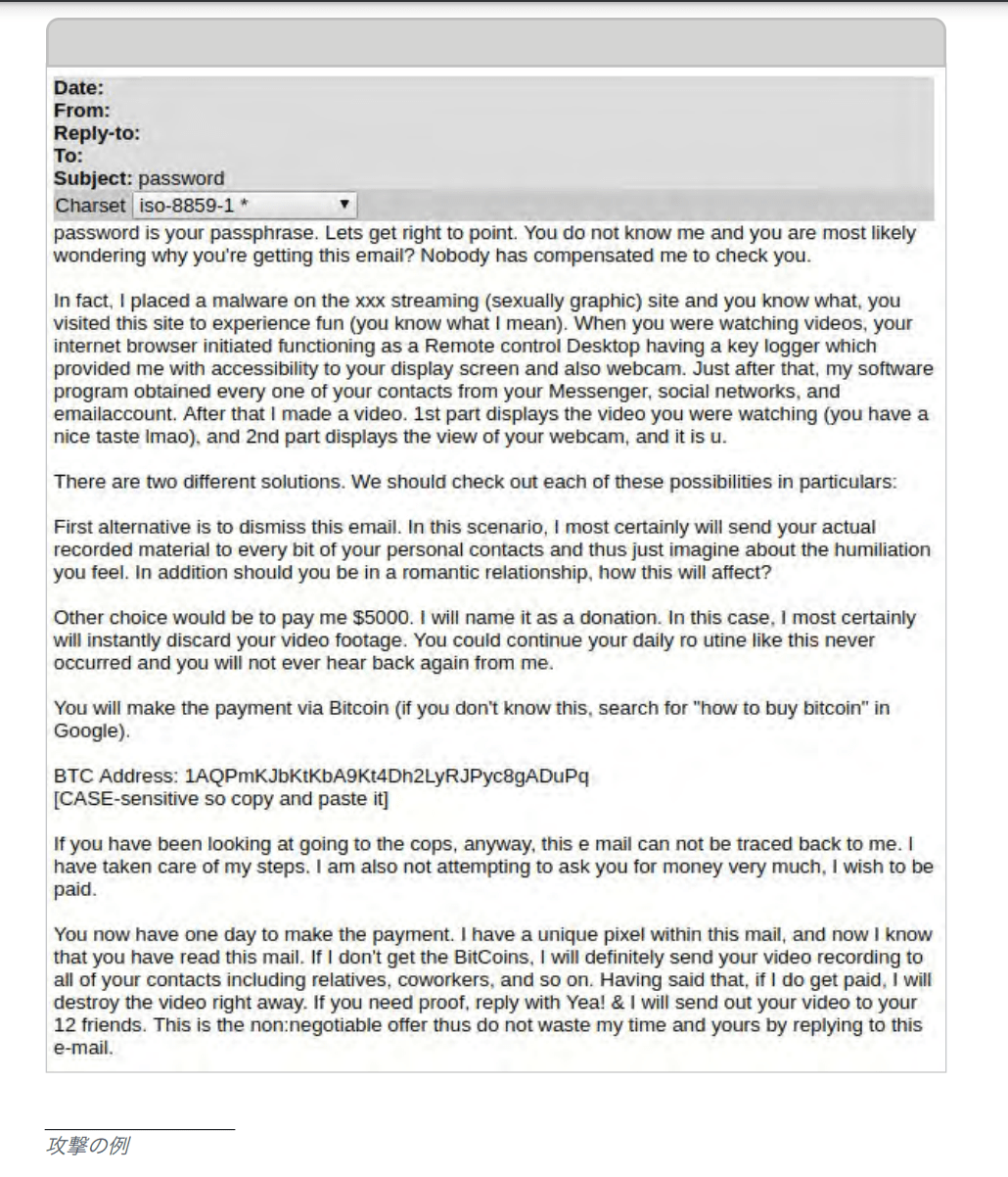 メールセキュリティ：2020年版メールの脅威と対策ガイダンス〜脅迫メールの例