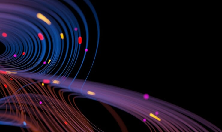 ゼロトラストの原則を表現した抽象的なネットワークフローの可視化。動的環境でのセキュリティを強調