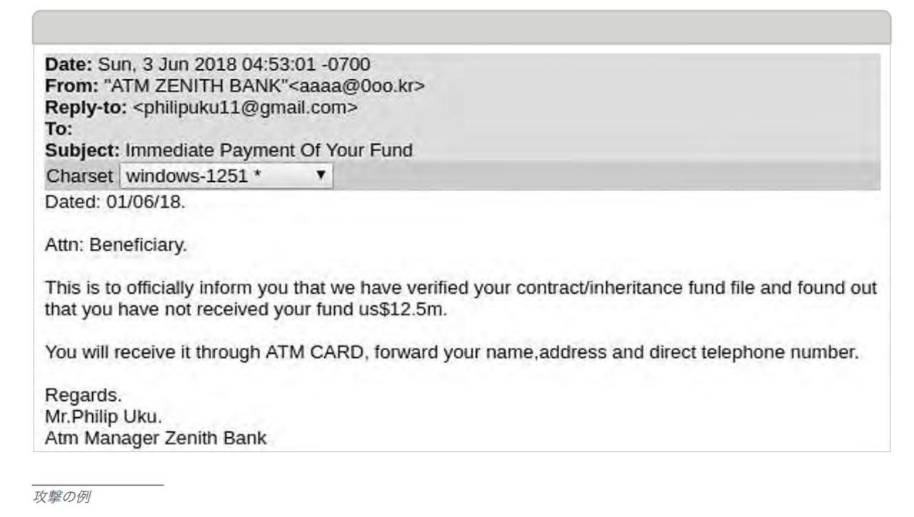 フィッシング詐欺メールの例。偽の銀行を装ったメールで個人情報を取得する手口を解説