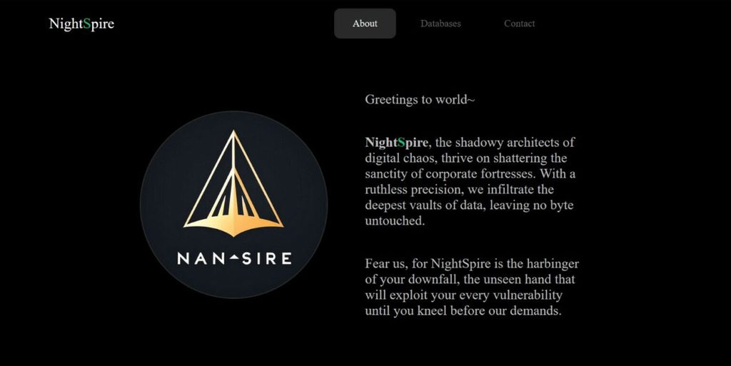 NightSpire:ランサムウェアの闇世界に現れた覇王を気取る攻撃者 写真 NightSpireのデータリークサイトの概要ページには、ロゴや典型的なランサムウェアグループのメッセージが掲載されている。出典:Red Hot Cyber