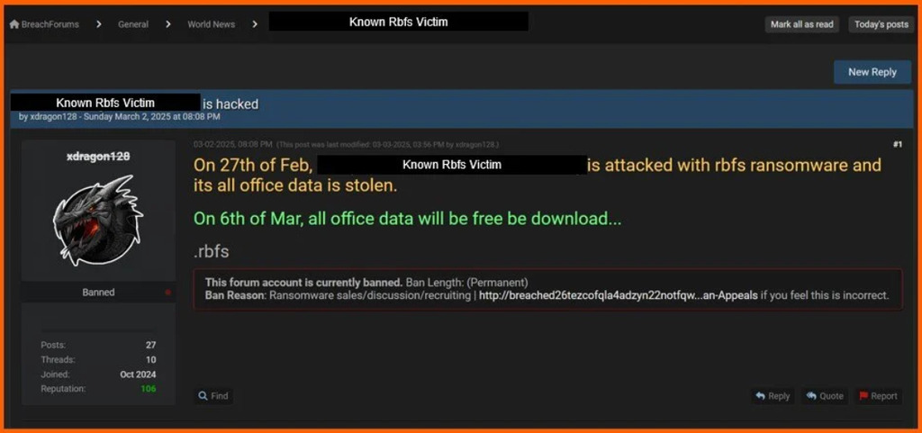 NightSpire:ランサムウェアの闇世界に現れた覇王を気取る攻撃者 写真 Rbfsの被害者に関するxdragon128の投稿。出典:S-RM