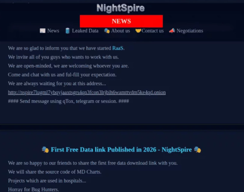 NightSpire:ランサムウェアの闇世界に現れた覇王を気取る攻撃者 写真 NightSpireデータリークサイトにおけるRaaSのアナウンス。出典:SOSRansomware